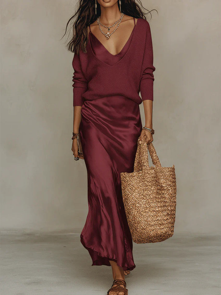 Elena | Vestido midi satinado con jersey incluido
